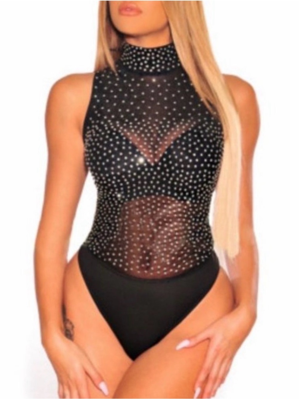 Boutique Black Sleeveless Rhinestone Mock Neck Bodysuit Size Large